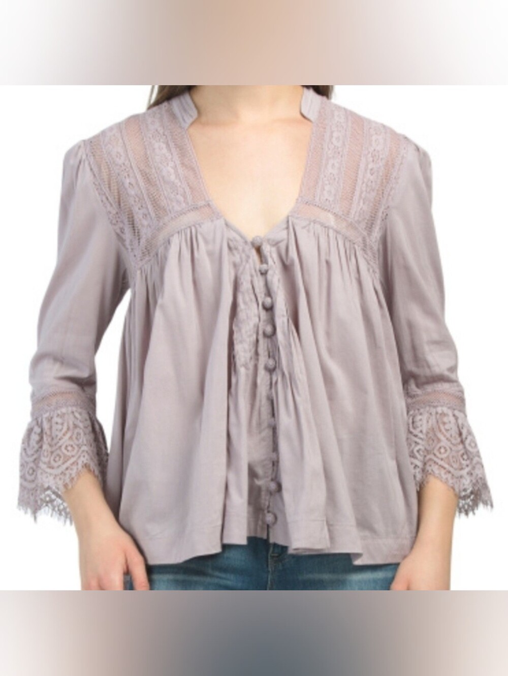 FREE PEOPLE - Lace-Trim Button Front Blouse in Dusty Mauve